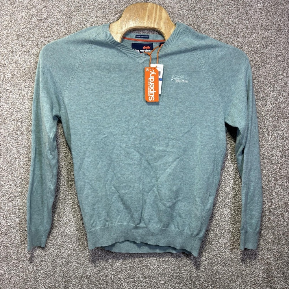 NWT Superdry Sweater Mens XL Green Cotton V Neck Lightweight Knit Pullover Logo